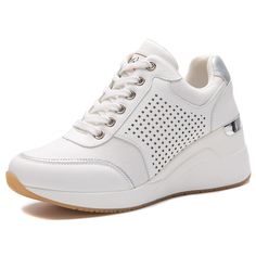 PRICES MAY VARY. BREATHABLE UPPER-- These wedge sneakers upper is made of premium knit fabric, its high breathability could increase the air circulation inside the shoes and keep your feet dry. NON-SLIP SOLE - Wedge tennis shoes with a non-slip durable rubber sole and cushioned insole provides sufficient cushioning and lends great arch support, which keeps your balance at all time. HIGH HEELS - 2.36" height including 0.59" platform and 1.77" heel, it's high heeled design can visually elongate th White Wedge Sneakers With Laces, White Lace-up Wedge Sneakers, White Wedge Heel Sneakers For Summer, White Wedge Sneakers For Summer, White Wedge Sneakers With Platform, White Platform Wedge Sneakers For Spring, White Wedge Sneakers With Round Toe For Summer, Summer White Wedge Sneakers With Round Toe, Summer Wedge Heel Platform Sneakers