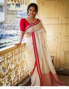 Shop Bollywood Model White and Red Bengali saree online at kollybollyethnics from India with free worldwide shipping. Red And White Saree, Bengali Saree, Haldi Outfits, Khadi Cotton Saree, Simple Sarees, White Saree, Saree Photoshoot, Party Kleidung, Red Saree