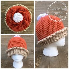 three pictures of a crocheted hat on a mannequin head