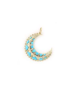 14K Gold Magical Turquoise Diamond Moon Charm Celestial Turquoise Jewelry With Moon Charm, Turquoise Celestial Jewelry With Moon Charm, Turquoise Jewelry With Moon Charm For Gift, Blue Crescent Jewelry With Sun And Moon Design, Celestial Turquoise Pendant Jewelry, Celestial Turquoise Pendant Necklace, Turquoise Celestial Pendant Necklace, Blue Crescent Moon Charm Jewelry, Gold Rosary