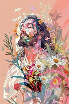 a painting of jesus surrounded by flowers and plants on a pink background with the words jesus above it