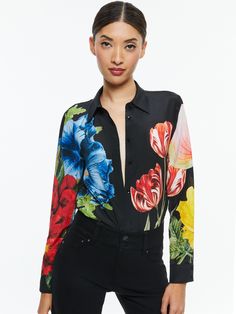 Willa Placket Top In Le Parisien Black Luxury Silk Blouse Piece With Meenakari, Luxury Multicolor Button-up Blouse, Top Les, Alice And Olivia, Twill Shirt, Style Change, Silk Twill, Collar Blouse, The Boss