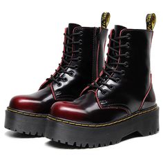 Burgundy Red Lace Up Platform Marten Boots for just $119.95 Docs Platform, Red Docs, Red Doc Martens, Ankle Cowboy Boots, Women Platform Sneakers, Punk Shoes, Luxury Designer Shoes, Boots For Short Women, Elegant Heels