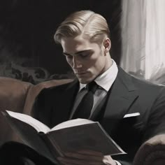 a man in a suit reading a book