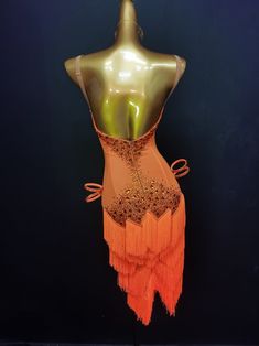 Orange Fringe Latin Dance Dress - Etsy Elegant Fitted Orange Gown, Fitted Party Dresses With Customizable Length, Customizable Length Fitted Party Dresses, Orange Dress For Costume Party, Fitted Orange Gown For Evening, Fitted Gown With Attached Cancan For Party, Fitted Sleeveless Gown For Costume Party, Fitted Sleeveless Dance Dress, Fitted Orange Gown For Party