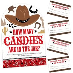 a pair of cowboy themed candy bar wrappers with the words how many candies are in the jar?