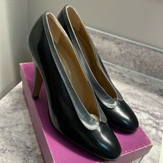 Vintage Garolini Hale Heels Size 8. Black And Gray. Made In Italy. Never Worn Nib Black Round Toe Court Shoes With Contrasting Heel Counter, Black Court Shoes With Contrasting Heel Counter, Fitted Black Court Shoes With Contrasting Heel Counter, Fitted Black Court Shoes With Contrasting Heel, Black Almond Toe Court Shoes With Contrasting Heel, Gray Fitted Heels For Evening, Fitted Gray Heels For Evening, Gray Round Toe Heels For Work, Gray High Heels Medium Width