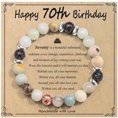 a happy 70th birthday card with an image of a bracelet made out of agate beads