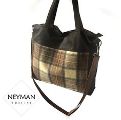 The combination of beige/amber tartan and natural brown leather gives the bag a unique fall look. Th 100% natural Scottish tweed in the centre  is soft to touch. This one-of-a kind bag is perfect for every day use. The leather handle is adjustable to your liking. Can be used as cross body as well as a shoulder bag. The side pocket with a metal vertical zipper is roomy. There are also two inner pockets for easy access to your necessities. The bag closes with a metal zipper.  Dimensions: 16,5x15,7 Plaid Rectangular Bag For Fall, Fall Plaid Rectangular Shoulder Bag, Fall Plaid Rectangular Bag, Fall Season Plaid Rectangular Bag, Plaid Bags For Everyday Use In Fall, Everyday Plaid Bags For Fall, Fall Beige Shoulder Bag With Leather Trim, Wool Tote Bag For Travel, Plaid Bags With Adjustable Strap