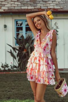 Look ultra-glamorous in the Cecil Sexy Floral Short Dress. This fashionable backless design features a pink V-neck with ruffled detailing. Summer-ready and perfect for beach days, the lightweight fabric and sleeveless cut keep you feeling cool and confident. Make a statement this season. Sleeveless Ruffled Sundress For Beach Party, Sleeveless Ruffled Dress For Beach Party, Flirty V-neck Sundress For Beach, Pink Ruffled Mini Dress For Beach, Pink Beach Dresses With Ruffled Straps, Beach Dress With Ruffles And Backless Design, Pink Floral Print Backless Sundress, Pink Backless Sundress For Beach, Pink Backless Sundress For Vacation