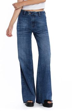 Tailored with an easy-fitting wide leg, these stretch-denim jeans feature a flat front and two back patch pockets. 32" inseam; 23" leg opening; 10 1/4" front rise Zip fly with button closure Back patch pockets 69% cotton, 27% REPREVE® recycled polyester, 3% rayon, 1% spandex REPREVE recycled polyester is made from 100% post-consumer recycled plastic bottles Machine wash, tumble dry Imported Women’s Wide Leg Jeans, Types Of Pants For Women, 80s Jeans, Wide Leg Pants Outfit, Wide Leg Pants Outfits, High Waist Wide Leg Jeans, Casual Work Outfits Women, Trendy Jeans, Dark Denim Jeans