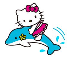 hello kitty riding on the back of a dolphin with a flower in her hair and wearing a pink bow