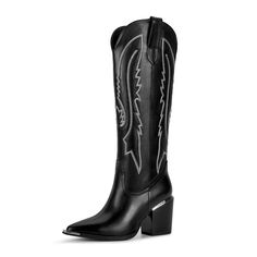 PRICES MAY VARY. SIZE: Black cowboy boots for women wide calf is 8cm/3.15 inches. For more size details, please refer to the size introduction in the pictures and details. DESIGN : The fashionable knee high cowboy boots for women feature unique Western embroidery and pointed design, restoring the classic style of denim boots. Our cowboy boots for women with metal toe have added a metal design on the toe, perfectly blending classic and fashionable elements to attract attention from others.The whi Western Black Knee-high Boots With Reinforced Heel, Western Style Black Knee-high Boots With Reinforced Heel, Black Western Knee-high Boots With Reinforced Heel, Black Knee-high Boots For Rodeo, Wide Calf Knee-high Boots For Rodeo In Winter, Black Knee-high Boots For Rodeo In Fall, Winter Knee-high Boots For Rodeo, Western Style Black Platform Boots For Fall, Western Black High Heel Knee-high Boots