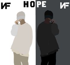 two men standing next to each other in front of a white and black background with the words hope on it