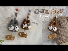 crochet cat and fish key fobs made from yarn, thread or cotton