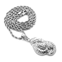 14k White Gold Finish Boxing Gloves 24” Rope Chain Diamond Necklace Silver Chain Link Jewelry With Rope Chain, Silver Rope Chain Link Jewelry, Silver Jewelry With Rope Chain Link, Silver Rope Chain Jewelry, Gold Boxing Gloves, Chain Diamond, Handcrafted Accessories, Diamond Chain, Mens Accessories Jewelry