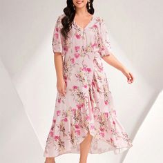 F00280908-108 Spring V-neck Maxi Dress With Ruffles, Feminine Short Sleeve Maxi Dress With Ruffle Hem, Feminine Floral Maxi Dress With Ruffle Hem, Chiffon Maxi Dress With Ruffle Hem And Short Sleeves, Floral V-neck Chiffon Dress With Ruffles, Elegant Pink Floral Dress With Ruffles, Floral Chiffon Midi Dress With Ruffles, Chiffon Floral Midi Dress With Ruffles, Chiffon Midi Floral Dress With Ruffles