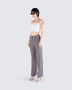 Featuring a white strapless tube top and grey tailored pants - a lil business casual moment never fails to slay 🤍 From the office to the club, this two-piece set will have everyone following your orders 😏 Chic Formal Tube Top, Chic High Waist Tube Top For Date Night, Chic High-waist Tube Top For Date Night, Elegant Gray Summer Pants, Chic Bandeau Bottoms For Date Night, Black Off Shoulder Top, Smart Set, Rhinestone Top, Black Off Shoulder