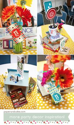 the table is decorated with colorful flowers and cards