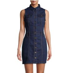 Sleeveless Denim Shirtdress. Button Front. Size Medium 73% Cotton/25% Polyester/2% Spandex Sleeveless Denim Blue Top For Work, Sleeveless Blue Denim Top For Work, Dark Wash Sleeveless Denim Top For Work, Dark Wash Sleeveless Mini Dress With Pockets, Sleeveless Dark Wash Mini Dress With Pockets, Fitted Sleeveless Dark Wash Denim Dress, Casual Sleeveless Dark Wash Mini Dress, Casual Sleeveless Mini Dress In Dark Wash, Fitted Sleeveless Denim Top With Buttons