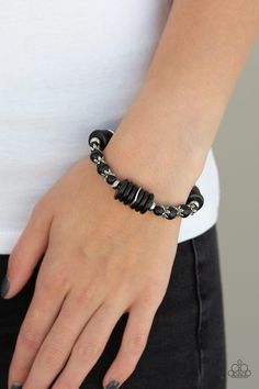 Featuring glistening silver accents, disc-shaped and round black stone beads are threaded along a stretchy band for a seasonal look.

 Sold as one individual bracelet. Black Bracelet, Band Bracelet, Paparazzi Accessories, Black Bracelets, Stretchy Bracelets, Paparazzi Jewelry, Red Stone, Silver Accents, Black Stone