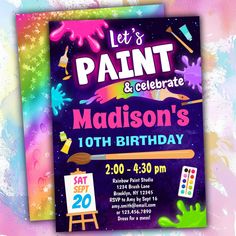 Let's paint and celebrate! Customize your own art party birthday invitations with fun rainbow colors. Paint Party Birthday Cake, Pottery Painting Birthday Party, Paint Themed Birthday Party, Rainbow Paint Party, Kids Painting Party, Art Party Invitations, Painting Birthday Party, Painting Birthday, Rainbow Paint