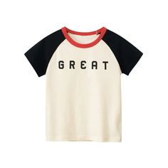 Add a pop of color to your little one's wardrobe with our Triple Tone GREAT Statement T-Shirt. Designed for maximum comfort and style, this shirt is perfect for any activity, from the park to playdates. Its vibrant design effortlessly combines playfulness and practicality, making it a must-have for daily wear. Features: Material: Composed of cotton, ensuring softness. Pattern Type: Features an animated illustration for a playful touch. Sleeve Length: Designed with long sleeves for coverage on co Trendy Cotton T-shirt For Playwear, Casual Crew Neck T-shirt For Playwear, Relaxed Fit Cotton T-shirt For Playwear, Relaxed Fit Short Sleeve T-shirt For Playwear, Relaxed Fit Graphic Print T-shirt For Playwear, Summer Playtime Tops With Letter Print, Casual Graphic Print Tops For Playtime, Playful Slogan Crew Neck T-shirt, Red Cotton Color Block T-shirt