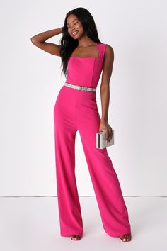 With a chic blazer, leather jacket, or coat, there's no end to how you could style the Lulus Enticing Endeavors Hot Pink Jumpsuit! This sleeveless jumpsuit is made from lightly textured crepe knit with a squared-off neckline, and seamed bodice. High-waisted pant legs fall to a classic wide cut. Hidden back zipper. Fit: This garment fits true to size. Length: Floor length. Size medium measures 63" from shoulder to hem. Inseam: 34.75 Front Rise: 14.00 Bust: Great for any cup size. Waist: Fitted - Pink Jumpsuits Outfit, Hot Pink Jumpsuit, Emerald Green Jumpsuit, Hot Pink Jumpsuits, Acrylic Box Clutch, Homecoming Outfit, Hot Pink Blazers, Halter Neck Jumpsuit, Chic Blazer