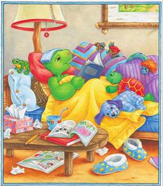 a painting of a turtle reading a book on a bed with other items around it