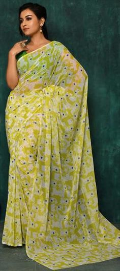 Green, White and Off White color Saree in Georgette fabric with Digital Print work White Color Saree, Celebrity Gowns, Indian Designer Sarees, Turquoise Print, Ready To Wear Saree, Casual Saree, Designer Sarees Online, Trendy Sarees, Wear Green