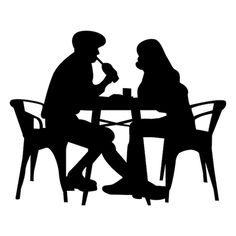 two people sitting at a table talking to each other silhouetted against a white background