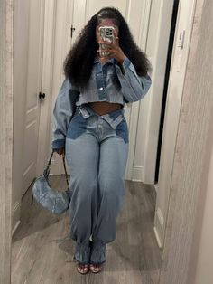 Wholesale Colorblock Denim Cropped Shirt Jeans Sets MTR112320BU | Wholesale7 Outfits Joggers, Two Piece Set Outfit, 2 Piece Pant Set, Denim Two Piece, Denim Jacket And Jeans, Two Pieces Set Outfits, Metallic Jeans, Jeans Overall, Cardigan Sweater Dress