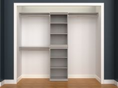 an empty closet is shown with shelves and shelving