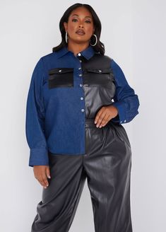 Panels of faux leather are a spicy addition to the classic jean shirt-style of our chambray look. Plus Size Denim Shirt, Faux Leather Shirt, Statement Jeans, Jean Shirt, Plus Size Denim, Top Plus Size, Tops Fashion, Leather Shirt, Classic Jeans