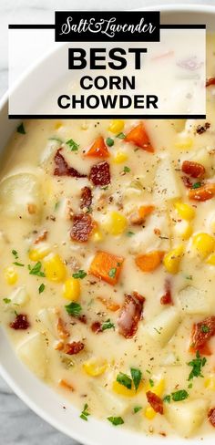 closeup of a bowl of soup with text overlay that reads best corn chowder Best Corn Chowder Recipe, Corn Chowder Soup, Soup Instant Pot, Comfort Soup Recipes, Corn Chowder Recipe, Chowder Soup, Homemade Soup Recipe, Fall Soup Recipes, Chowder Recipe