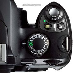 the front view of a digital camera with buttons and dials on it's side