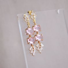 "Pink Earrings // Art Deco Earrings // Fan Earrings // Statement Earrings // Boho Bridal Earrings // Bridesmaids Earrings // Pink Wedding // Birthday Gift Gorgeous pink earrings created with faceted light pink glass and accented with cubic zirconia for added sparkle. These art deco inspired statement earrings are created with gold plated sterling silver earring posts and gold plated butterfly clutches. Whether searching for the perfect pink wedding earrings for your special day or for your next Pink Elegant Clip-on Earrings For Anniversary, Elegant Pink Clip-on Earrings For Anniversary, Handmade Pink Crystal Earrings For Wedding, Dangle Cluster Earrings For Wedding, Wedding Dangle Cluster Earrings, Elegant Pink Dangle Clip-on Earrings, Delicate Dangle Earrings For Party, Pink Single Earring For Anniversary, Single Pink Earring For Anniversary