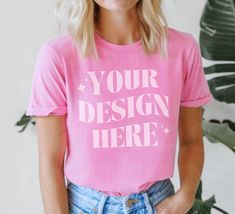 Customizable Pink Graphic Tee, Customizable Casual Pink Shirt, Casual Customizable Pink Shirt, Customizable Trendy Pink Tops, Trendy Customizable Pink T-shirt, Customizable Pink Crew Neck T-shirt, Basic Pink T-shirt With Custom Print, Pink Crew Neck Shirt With Custom Print, Pink Relaxed Fit T-shirt With Branding