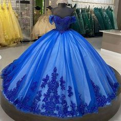 Off The Shoulder Quinceanera Dress, Quince Blue, Royal Blue Ball Gown, Ball Gown Sweet 16, Royal Blue Quinceanera Dresses, Blue Quinceanera Dresses, Gown Sleeves, Royal Blue Quince, Royal Blue Quinceanera