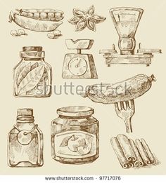 hand drawn spices and condiments on white background royalty free stock photos, illustration art, food illustrations, cooking utensils, spice jars, drawing sketches, kitchen tools, person, sketch, jar, vintage items to go, old things, the book design, salt