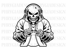 a skeleton wearing headphones and holding a video game controller in his hands, with the word