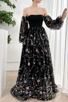 Fitted Evening Dress With Embroidered Sleeves, Long Sleeve Embroidered Prom Dress, Long Sleeve Evening Dress With Floral Embroidery For Banquet, Floor-length Embroidered Sleeve Party Dress, Evening Dresses With Long Sleeves And Floral Embroidery, Long Sleeve Evening Dress With Floral Embroidery, Off-shoulder Embroidered Evening Dress, Elegant Puff Sleeve Dresses With Floral Embroidery, Elegant Long Sleeve Evening Dress With Floral Embroidery