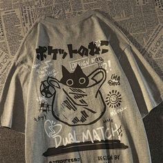 Acheter du t-shirt de dessin animé Harajuku - Shoptery Streetwear Japanese, Lady Clothes, Estilo Harajuku, Y2k Tops, Shirt Streetwear, Japanese Kanji, Men Streetwear, Loose Tees, Cat T Shirt