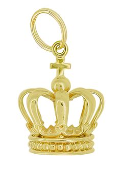 Treat yourself to the very best with this elegant yellow gold royal crown charm - throne not included! Crafted in solid 14K yellow gold, this lavish three dimensional charm features a high polish and a detailed design, with a scalloped and beaded motif encircling the crown. A cross atop the crown completes the design. This beautiful and unique charm is perfect for wear as a pendant on a neck chain or can be easily and securely attached to your special charm bracelet with the included large 14K y Regal Gold Crown With Structured Shape, Gold Crown For Gift With Structured Shape, Gold Structured Crown For Gift, Gold Crown Gift With Structured Shape, Gold Tall Crown As Gift, Regal Gold Teardrop Crown, Gold Regal Teardrop Crown, Regal Gold Crown With Pinched Shape, Gold Regal Crown With Pinched Shape