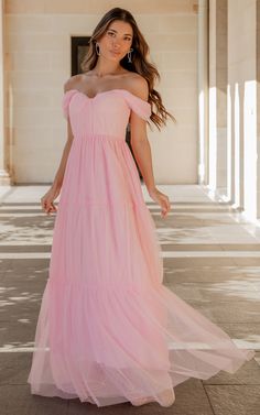 Ontario Maxi Dress - Off Shoulder Corset Bodice Tulle Dress in Ballet Pink Pretty Prom Dress, Off Shoulder Corset, Party Colors, Basic Black Dress, Bachelorette Dress, Neon Outfits, Spring Maxi Dress, Navy Bridesmaid Dresses, Corset Bodice