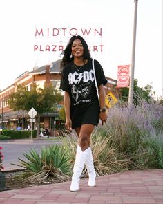 Oversized T-Shirt, white cowboy boots, fall outfit inspo, autumn outfit, black girl fall outfit T Shirt And Boots Outfit, Lasso Boots Outfit, Brunch Outfit Cowboy Boots, T Shirt Dress Boots Outfit, White Cowboy Boots Outfit Black Women, Shirt And Boots Outfit, White Boots Outfit Summer, Oversized Shirt With Boots, Boots And Oversized Shirt