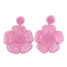 Five-petaled flowers dangle from beaded buttons in shades of pink in these fanciful earrings designed by India's Radhika. The flowers are attached by way of brass loops and feature round and tubular glass beads in shades of pink with rows of color-coordinated sequins for contrast. The beads are stitched together on a base of pink velvet and dangle freely from brass earring posts. Beaded Buttons, Bead Dangle Earrings, Brass Earring, India Gift, Gift Suggestions, Beautiful Mask, Earring Posts, Beaded Dangle Earrings, Shades Of Pink