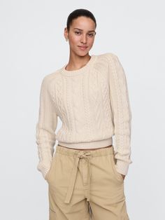 Soft cotton cable-knit sweater.  Crewneck.  Long sleeves.  Fit: Classic.  A straight & easy fit.  Hits at the hip.  Models wearing Gap Cotton Cable Knit Sweater, Winter Shopping, Sweater Cream, Classy Casual Outfits, Classy Casual, Pretty Clothes, Cream Beige, Sweaters Crewneck, Cable Knit