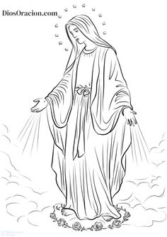 the immaculate mary in black and white with stars on her head, holding hands out