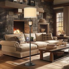 a living room filled with furniture and a fire place